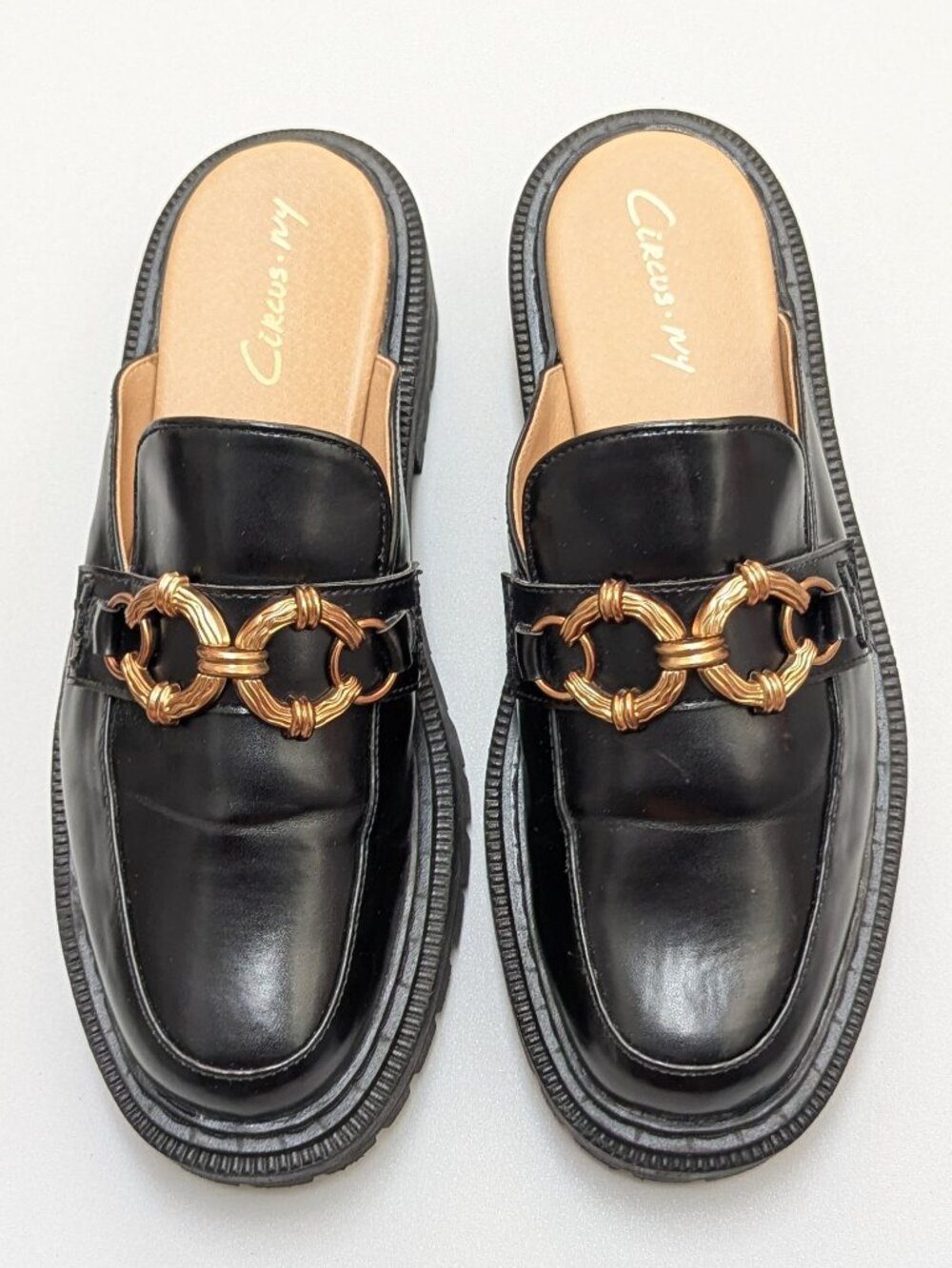 Circus NY by Sam Edelman Elena Lug Sole Loafer Mules Black Gold Chain Size 40